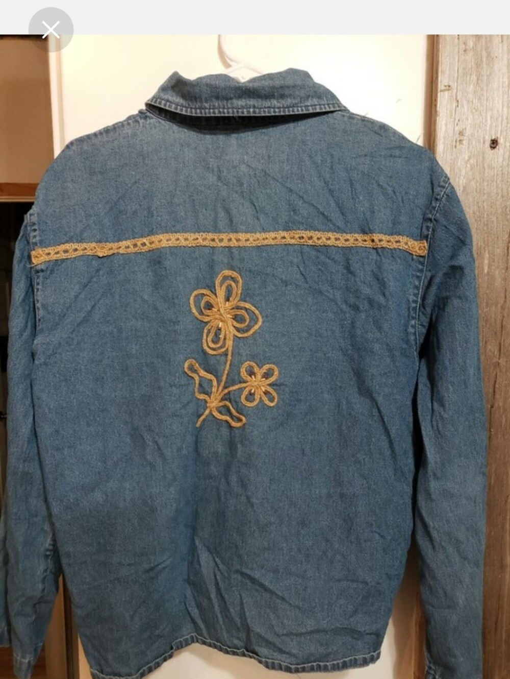 Vintage Light Weight Denim Button Up Shacket Shirt Med Embroidery Macrame Beads - Picture 2 of 5